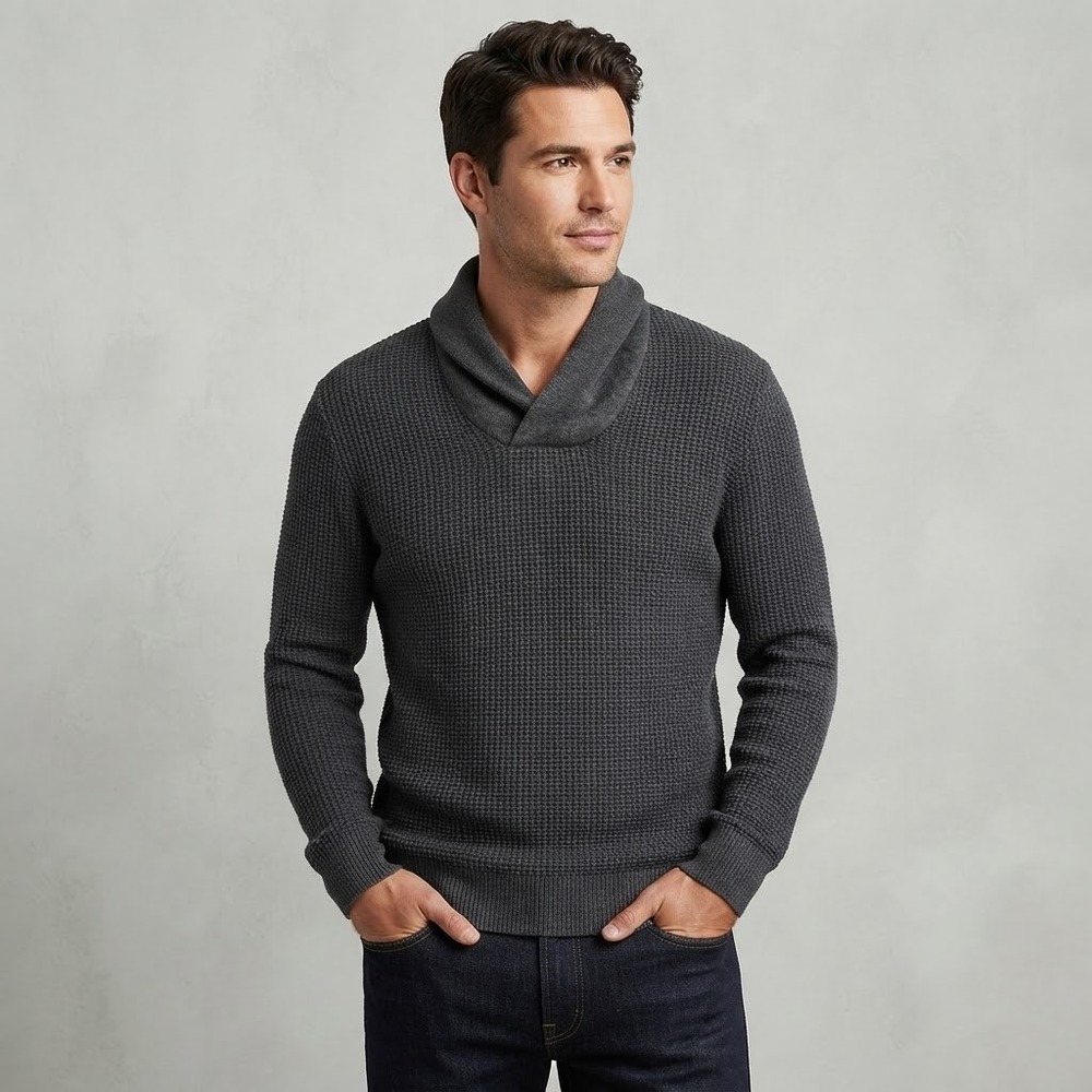 Nordstrom Men's Gray Waffle Knit Shawl Collar Sweater Cotton Cashmere Size Large